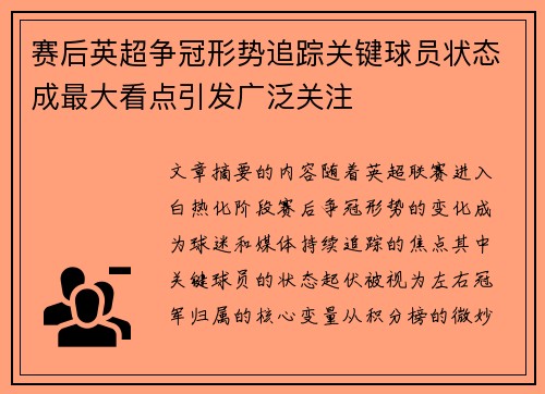 赛后英超争冠形势追踪关键球员状态成最大看点引发广泛关注 赛后英超争冠形势追踪关键球员状态成最大看点引发广泛关注